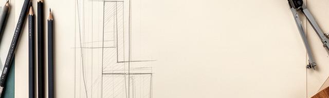 Disegno tecnico di un mobile in legno accanto a matite e campioni di essenza