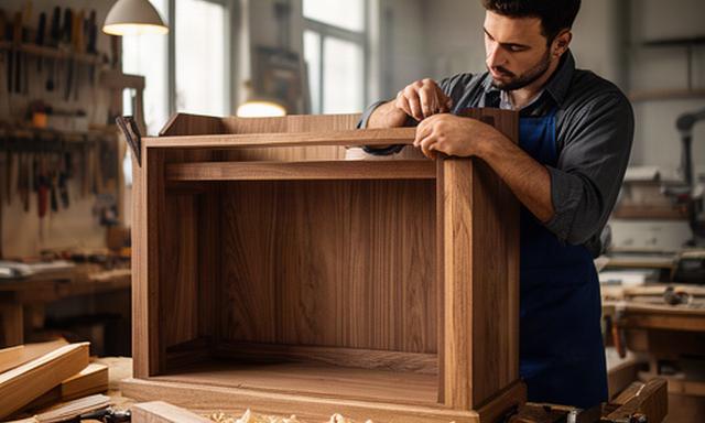 Falegname al lavoro su un mobile in legno massello nella bottega di Inverigo