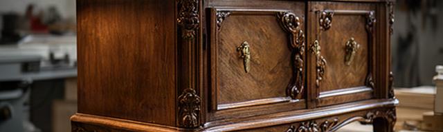 Credenza d epoca restaurata su banco da lavoro con dettagli in legno lucidato